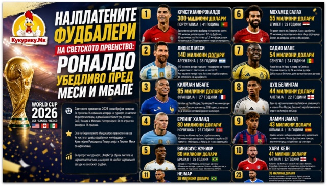 Најплатените фудбалери на Светското првенство ! Роналдо убедливо пред Меси и Мбапе